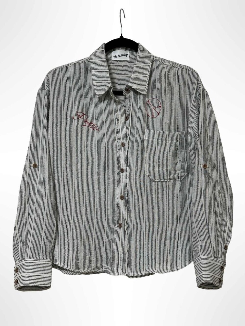 THE NU VINTAGE Embroidered Peace Stripe Button Down Shirt NWT